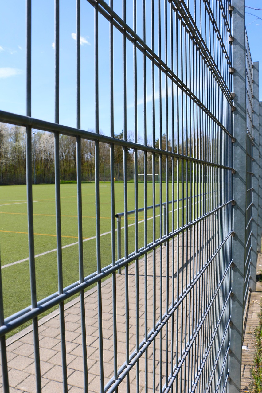 fence, fencing, sports ground, football pitch, lawn, lines, grid